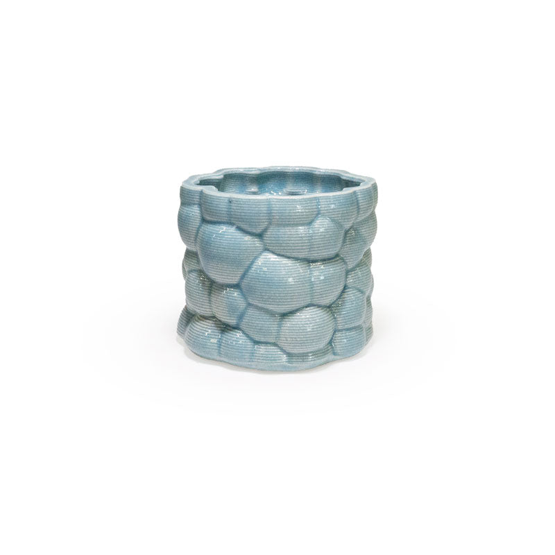 3D printed ceramic planter with a light blue bubble pattern on a white background