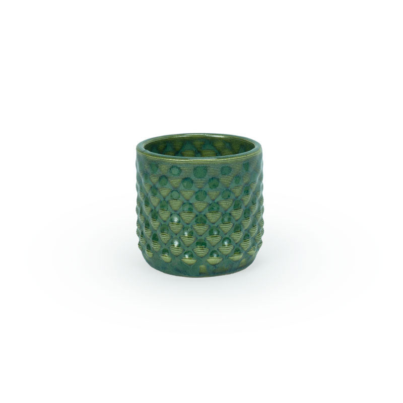 Emerald falls colored 3D printed ceramic planter with a dot pattern, on a white background