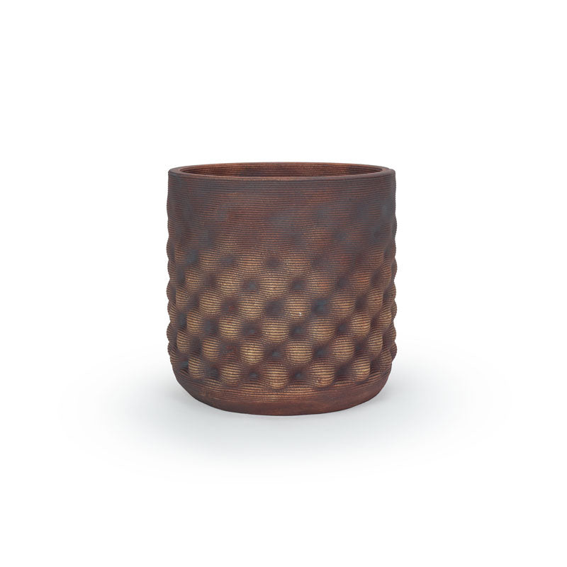 Red iron oxide colored 3D printed ceramic planter with a dot pattern, on a white background