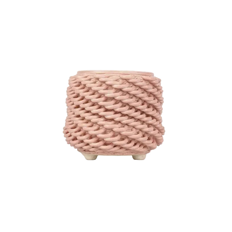 A dusty rose colored 3D printed ceramic cactus planter with a short loopy pattern