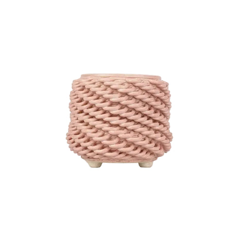 A dusty rose colored 3D printed ceramic cactus planter with a short loopy pattern