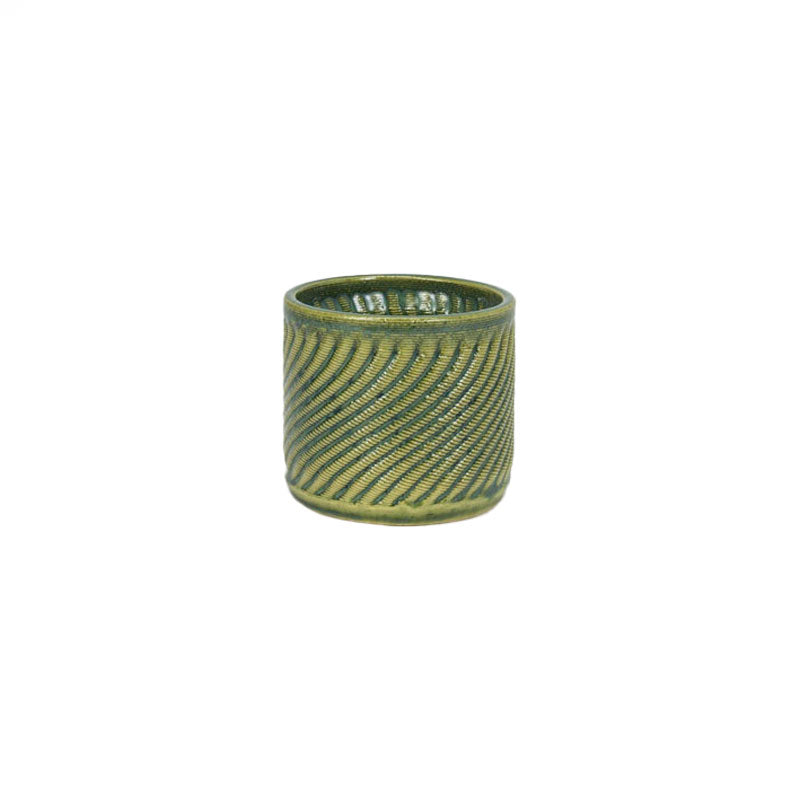 Emerald falls colored 3D printed  ceramic planter with a swirl pattern on a white background
