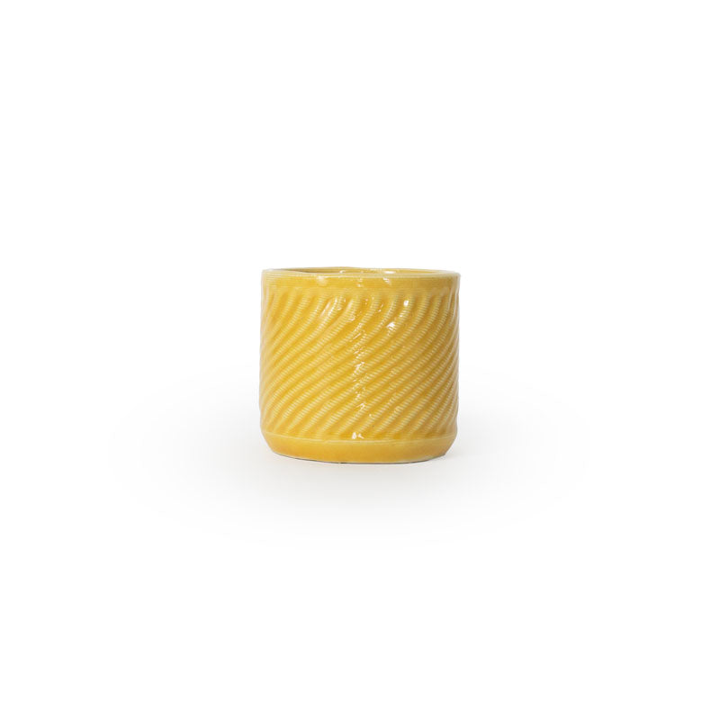 Marigold colored 3D printed ceramic planter with a swirl pattern on a white background