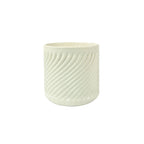 Snow colored ceramic 3D printed planter with a swirl pattern on a white background