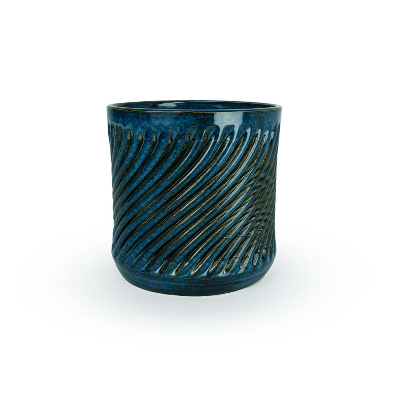Sapphire float colored 3D printed  ceramic planter with a swirl pattern on a white background
