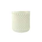 Snow colored 3D printed ceramic planter with a swirl pattern on a white background