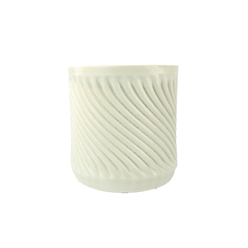 Snow colored 3D printed ceramic planter with a swirl pattern on a white background