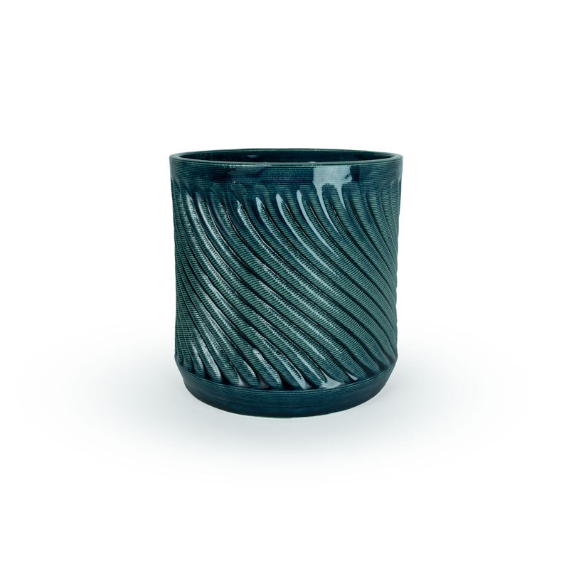 Storm colored 3D printed ceramic planter with a swirl pattern on a white background