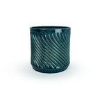 Storm colored 3D printed ceramic planter with a swirl pattern on a white background