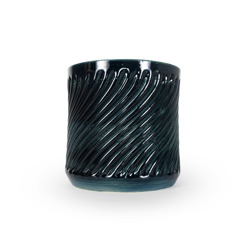 Dark storm colored 3D printed ceramic planter with a swirl pattern on a white background