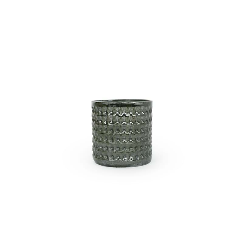 Textured palladium black 3D printed ceramic planter with a waffle pattern, on a white background