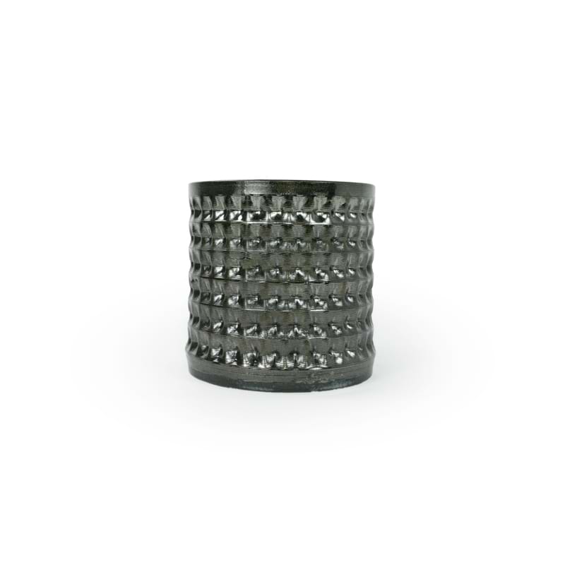 Textured palladium black 3D printed ceramic planter with a waffle pattern, on a white background