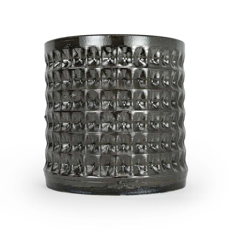 Textured palladium black 3D printed ceramic planter with a waffle pattern, on a white background