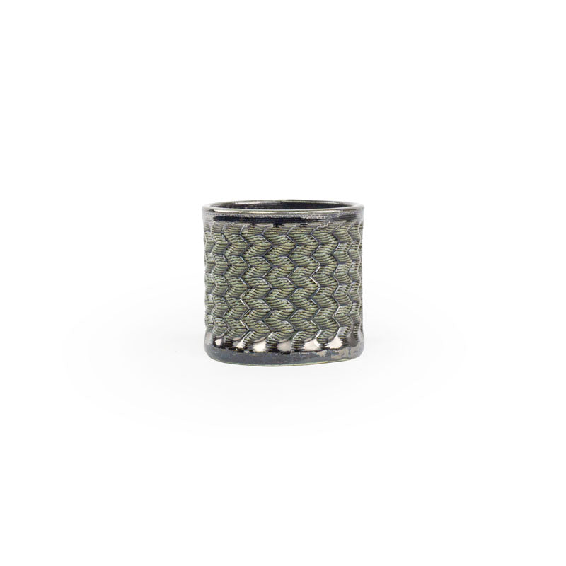 Palladium colored 3D printed ceramic planter with a zig zag pattern, on a white background