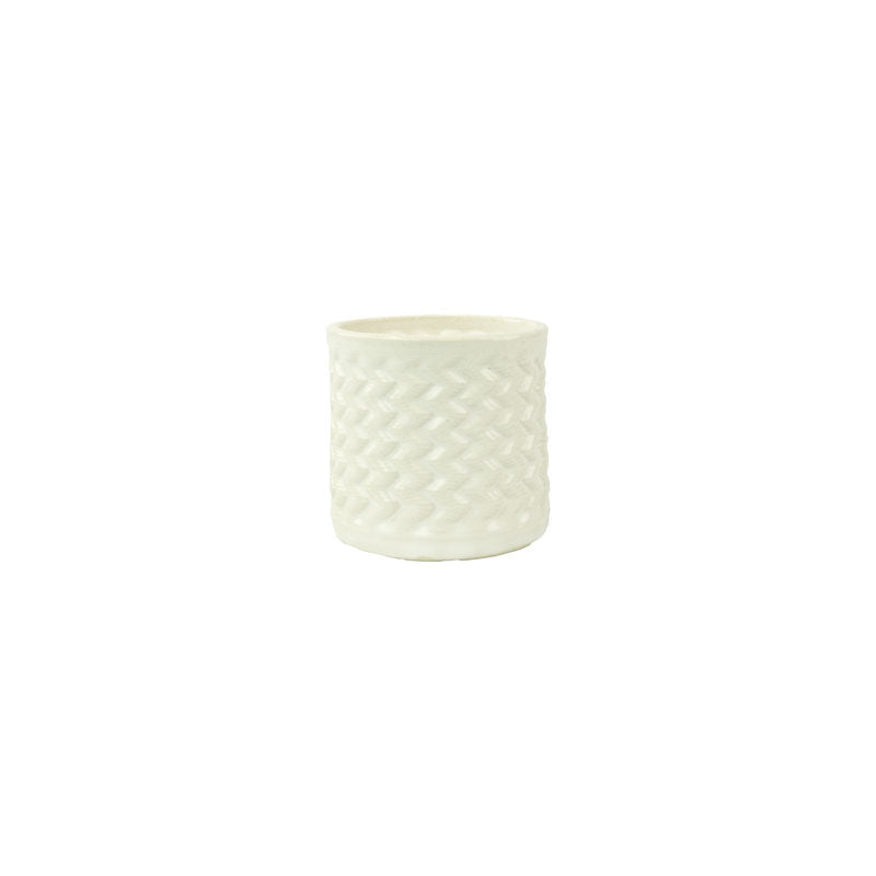 Snow colored 3D printed ceramic planter with a zig zag pattern, on a white background