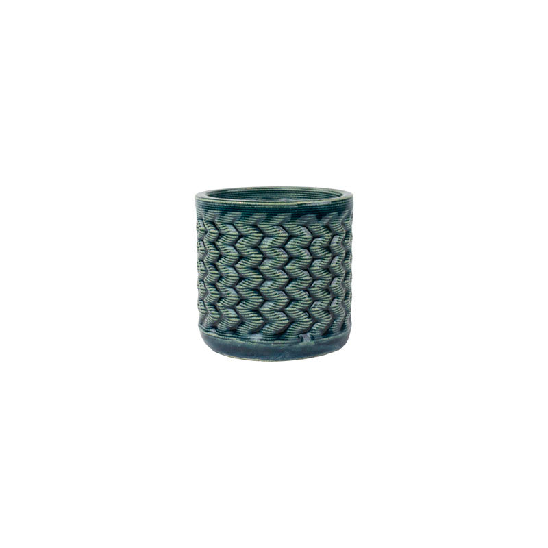 Storm colored 3D printed ceramic planter with a zig zag pattern, on a white background