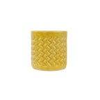 Marigold colored 3D printed ceramic planter with a zig zag pattern, on a white background
