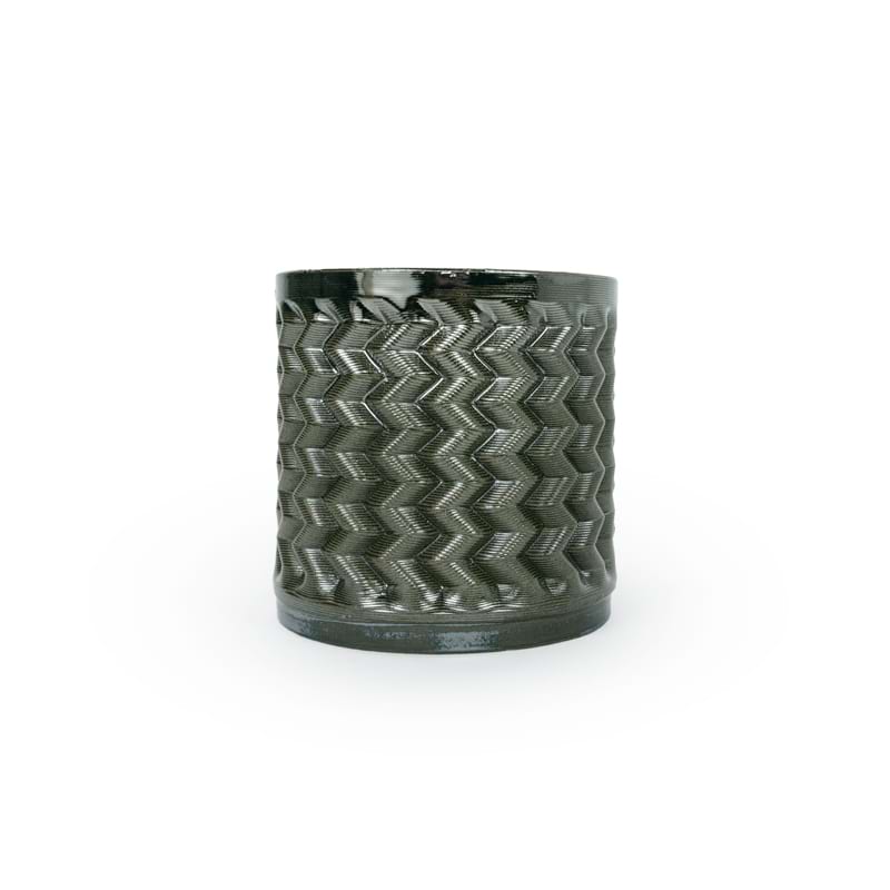 Palladium colored 3D printed ceramic planter with a zig zag pattern, on a white background