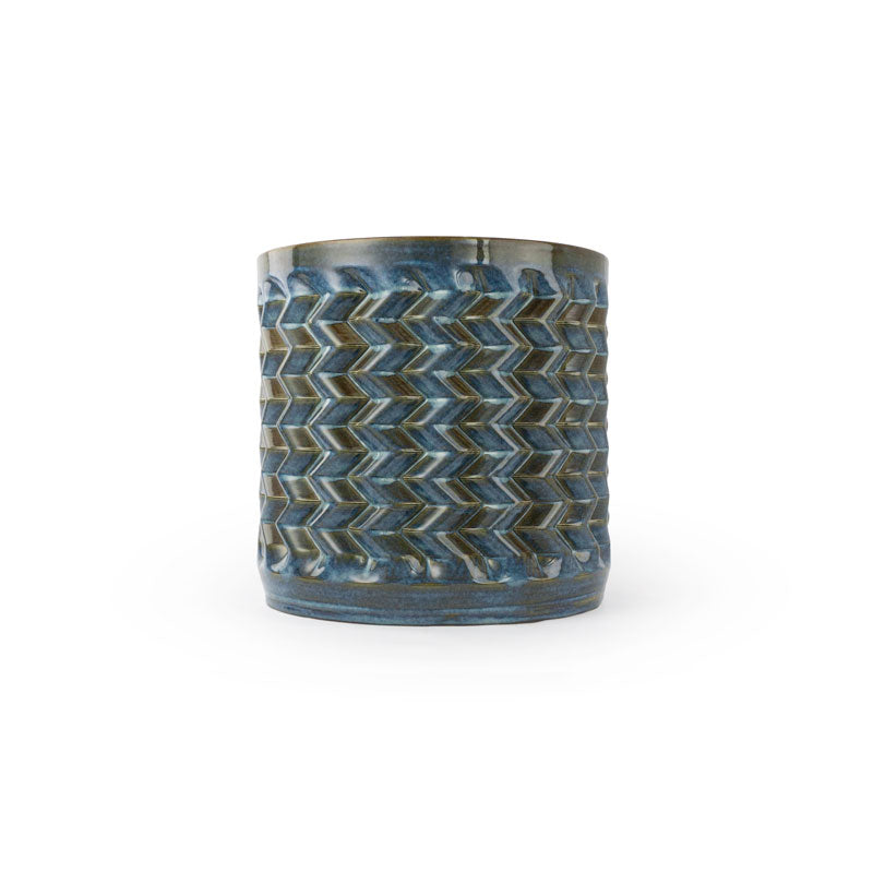 Blue rutile colored 3D printed ceramic planter with a zig zag pattern, on a white background