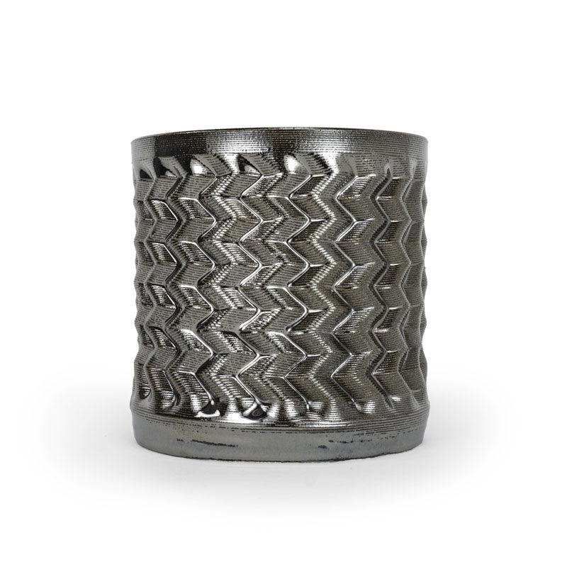 Palladium colored 3D printed ceramic planter with a zig zag pattern, on a white background