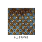 Square ceramic tile with a checkered pattern in blue and brown on a white background, labeled 'Blue Rutile'.