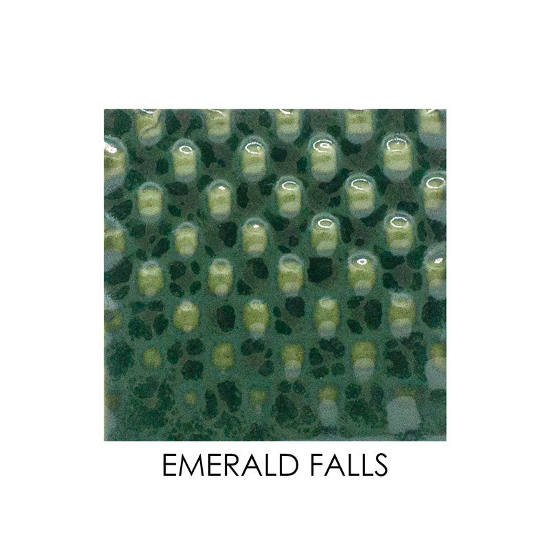Green ceramic tile with textured pattern on a white background, labeled 'Emerald Falls'.