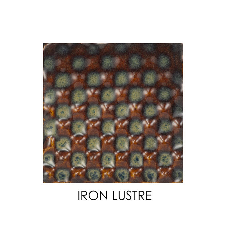 Square ceramic tile with a pattern and 'IRON LUSTRE' text on a white background