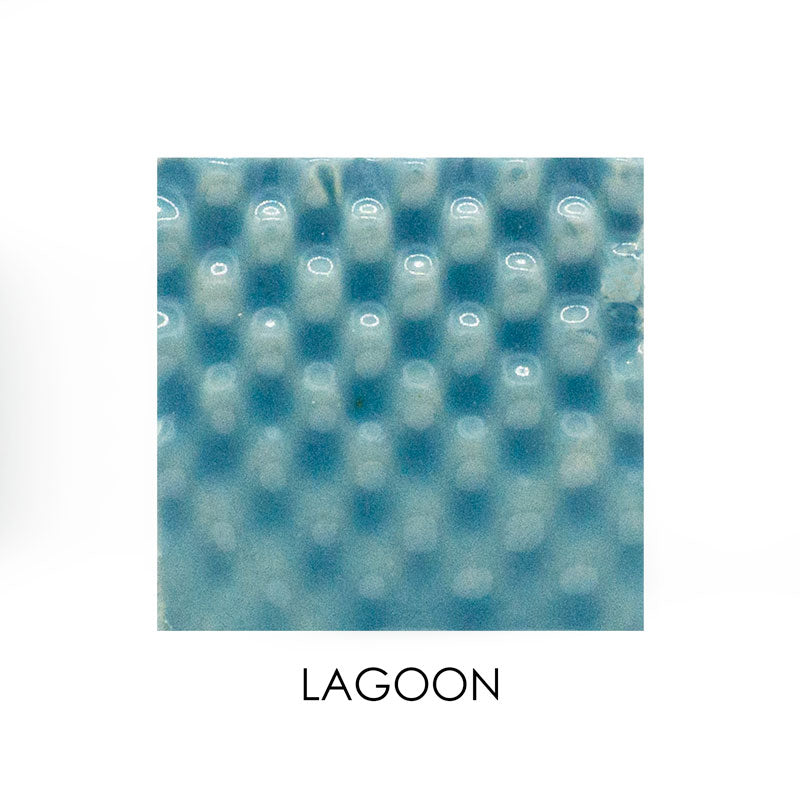 Square ceramic tile with a grid pattern and 'Lagoon' color label on a white background