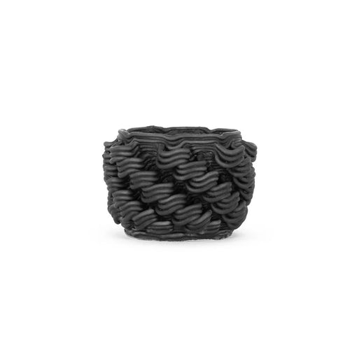 Black 3D printed ceramic cactus planter or tea light holder with a twist pattern, on a white background