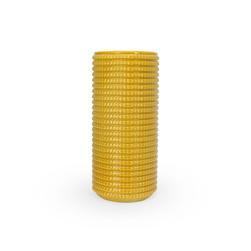 Marigold 3D printed ceramic vase with a micro scallop pattern, on a white background