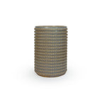Light sepia colored 3D printed ceramic vase with a micro scallop pattern, on a white background