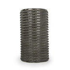 Black 3D printed ceramic vase with a micro scallop pattern, on a white background