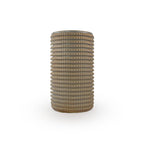 Light sepia colored 3D printed ceramic vase with a micro scallop pattern, on a white background