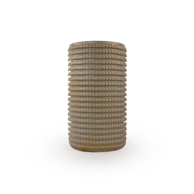 Light sepia colored 3D printed ceramic vase with a micro scallop pattern, on a white background