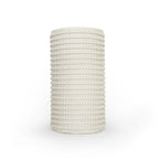 Satin white 3D printed ceramic vase with a micro scallop pattern, on a white background