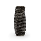 Palladium colored 3D printed ceramic tall vase with a loopy square twist pattern, on a white background