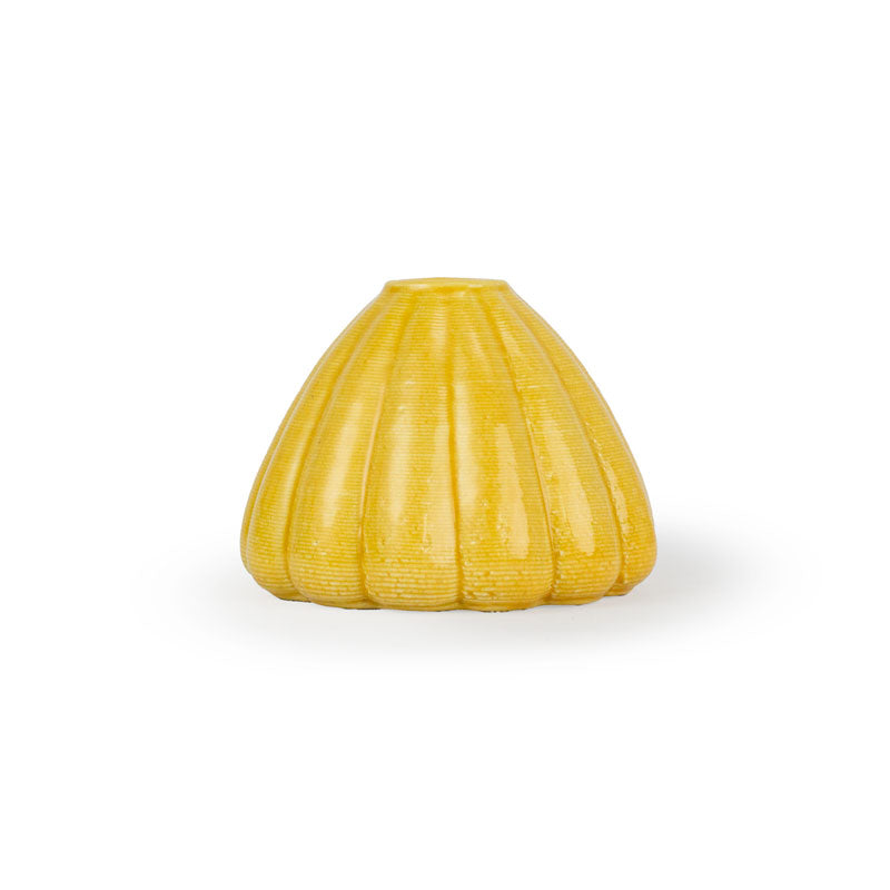 Marigold colored 3D printed ceramic bud vase with an urchin pattern, on a white background