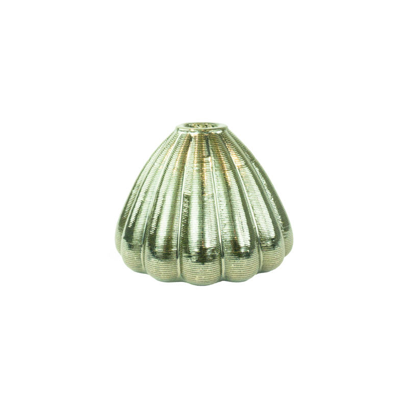 Palladium colored 3D printed ceramic bud vase with an urchin pattern, on a white background