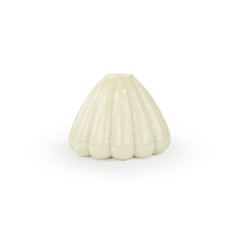 Snow colored 3D printed ceramic bud vase with an urchin pattern, on a white background