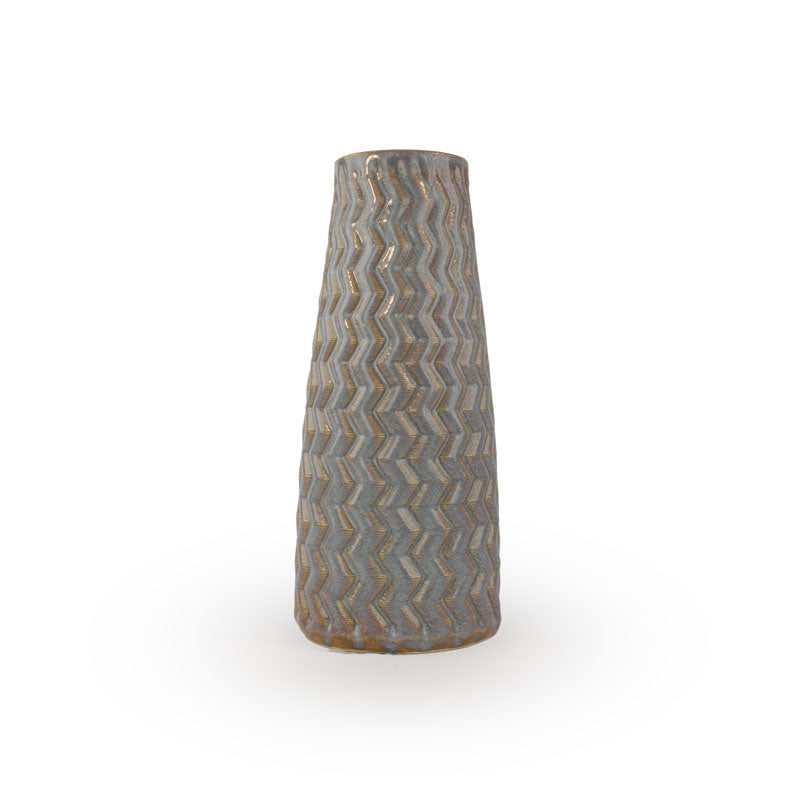 Tall light sepia textured 3D printed ceramic vase with a zig zag taper, on a white background